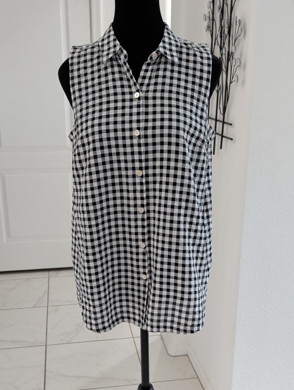 J. Jill Black White Gingham Cotton Linen Sleeveless Button Down Blouse Top S